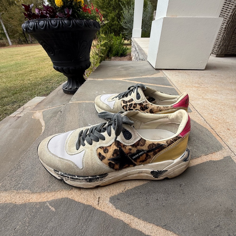 Golden Goose Leopard Print Sneakers with Pink and Black Accents